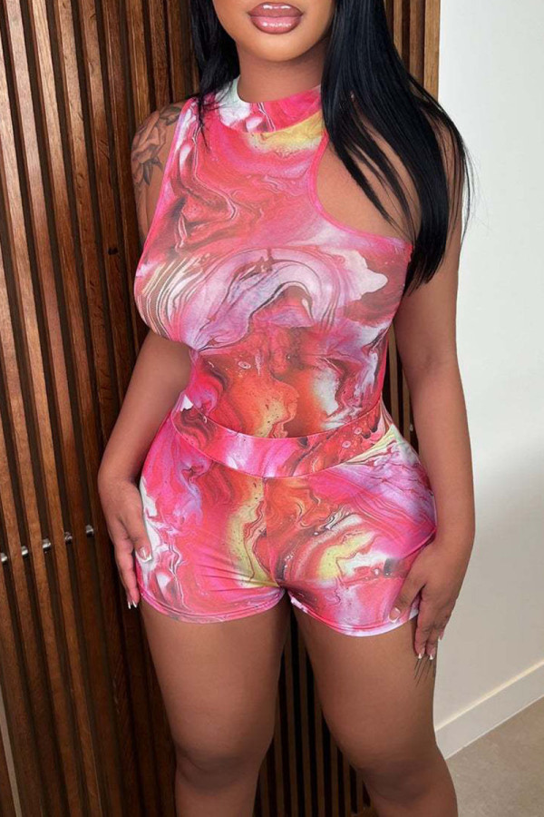 Pink Sexy Print Patchwork O Neck Sleeveless Two Pieces