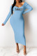 Light Blue Fashion Sexy Print Letter V Neck One Step Skirt Dresses