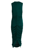 Green Sexy Casual Solid Slit Fold O Neck Sleeveless Dress