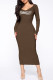 Coffee Fashion Sexy Print Letter V Neck One Step Skirt Dresses