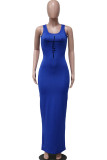 Blue Casual Print Split Joint U Neck Straight Dresses