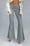 Blue Casual Solid Draw String Boot Cut Mid Waist Speaker Solid Color Bottoms