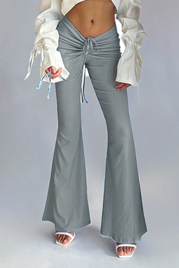 Grey Casual Solid Draw String Boot Cut Mid Waist Speaker Solid Color Bottoms