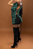 Red Sexy Plaid Print Bandage Hollowed Out Split Joint Turndown Collar Sleeveless Two Pieces