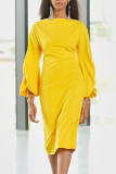 Yellow Casual Elegant Solid Patchwork Frenulum O Neck One Step Skirt Dresses
