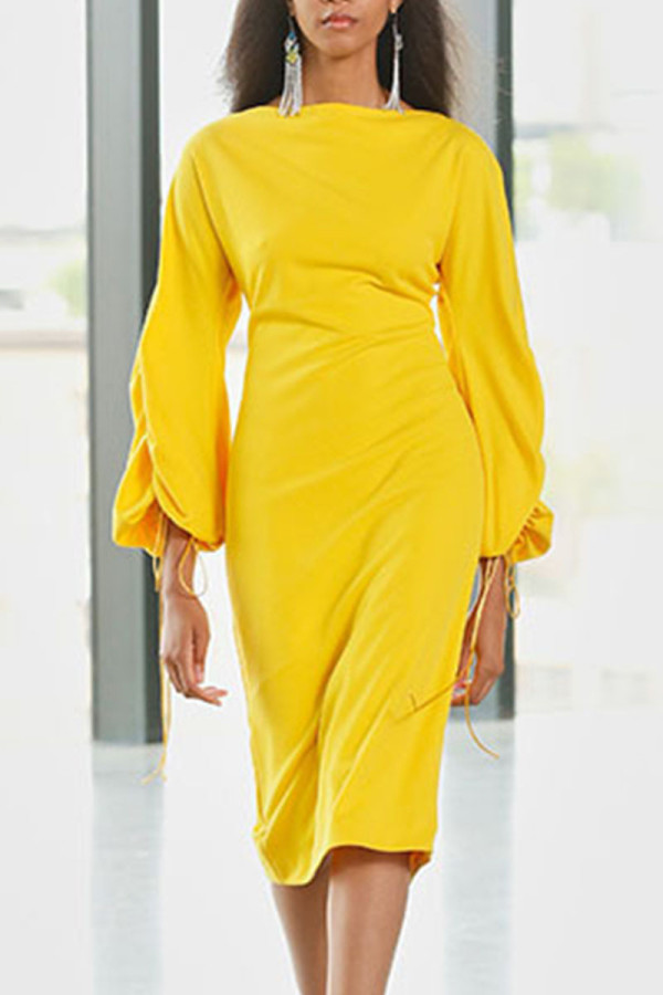 Yellow Casual Elegant Solid Patchwork Frenulum O Neck One Step Skirt Dresses
