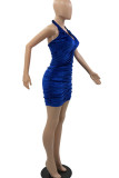 Blue Sexy Solid Split Joint Fold Halter Pencil Skirt Dresses