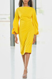 Yellow Casual Elegant Solid Patchwork Frenulum O Neck One Step Skirt Dresses