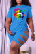 Blue Casual Sportswear Print Patchwork O Neck Short Sleeve Two Pieces