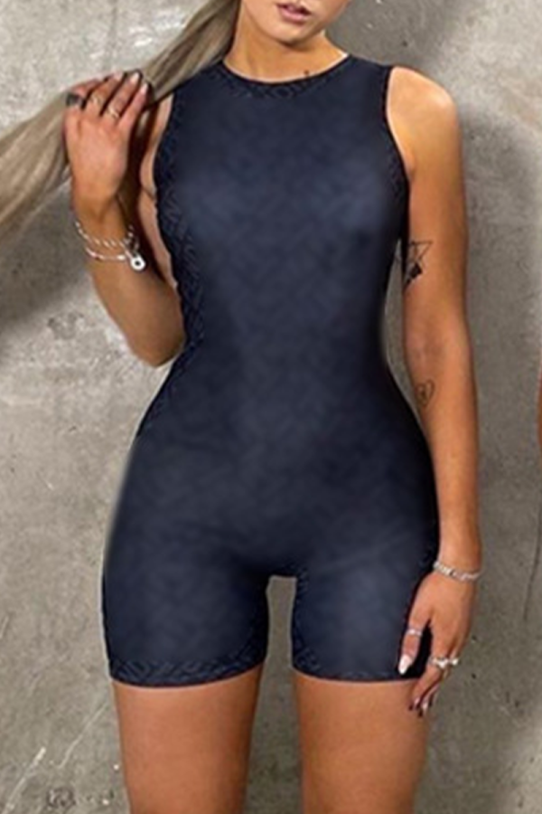 Black Sexy Solid Patchwork O Neck Skinny Rompers