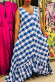 Blue Fashion Casual Plaid Print Patchwork V Neck Vest Dress Dresses