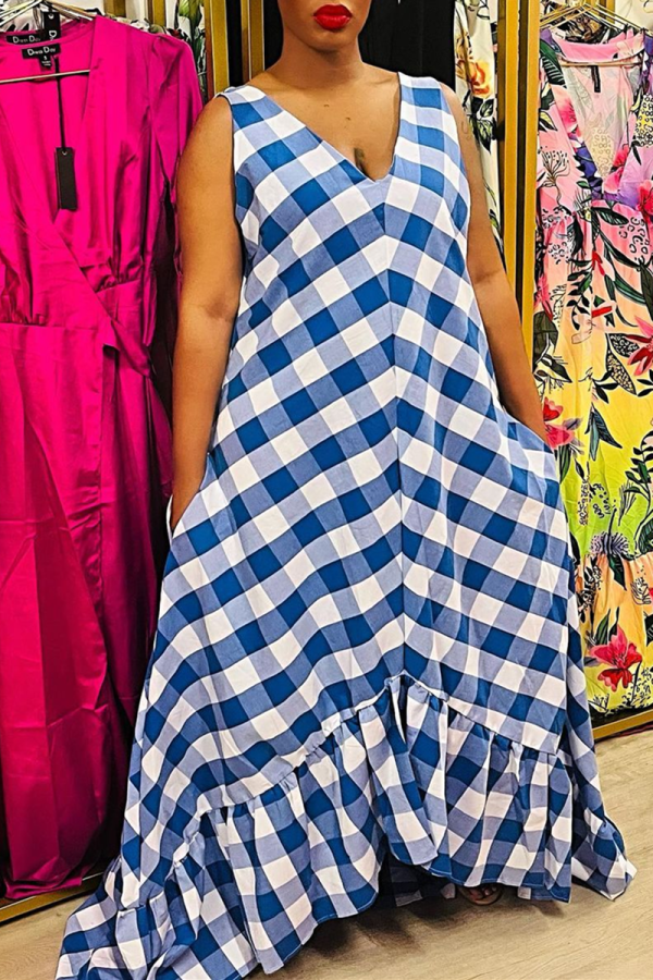 Blue Fashion Casual Plaid Print Patchwork V Neck Vest Dress Dresses
