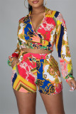 Multicolor Fashion Casual Print Bandage V Neck Long Sleeve Two Pieces