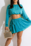 Blue Casual Solid Patchwork O Neck Long Sleeve Two Pieces
