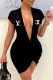 Black Fashion Casual Print Letter V Neck One Step Skirt Dresses