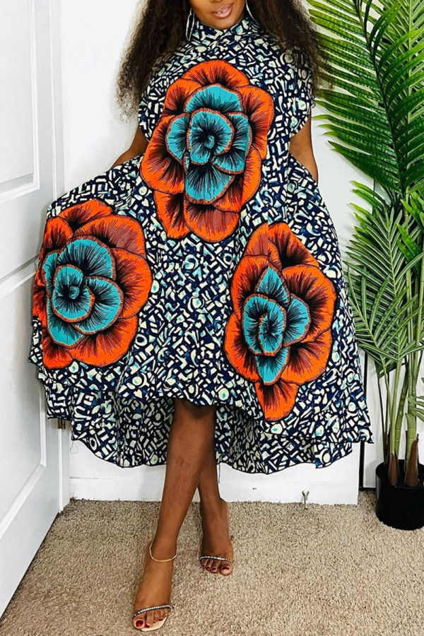 Multicolor Fashion Casual Print Asymmetrical Turtleneck Sleeveless Dress