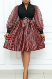 Red Fashion Casual Print Patchwork V Neck Long Sleeve Dresses