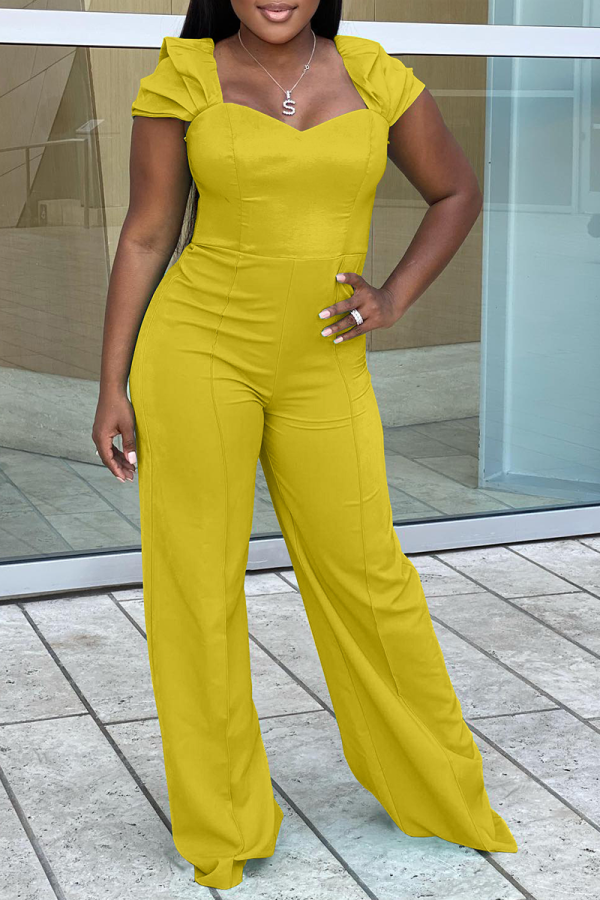 Yellow Casual Solid Patchwork Boot Cut Jumpsuits