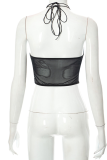 Black Fashion Solid Mesh Halter Tops