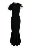 Black Fashion Sexy Patchwork See-through Hooded Collar Evening Dress Dresses