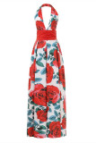 Red Fashion Sexy Print Backless Halter Sleeveless Dress