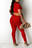 Red Sexy Solid Split Joint O Neck Short Sleeve Two Pieces