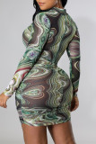 Multicolor Fashion Sexy Print Basic Zipper Collar Long Sleeve Dresses