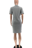 Grey Casual Solid Patchwork O Neck Straight Dresses