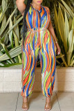 Multicolor Fashion Sexy Print Hollowed Out Backless Halter Regular Jumpsuits