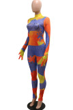 Multi-color Sexy Print Patchwork See-through Half A Turtleneck Regular Jumpsuits (Including Gloves)