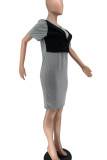 Grey Casual Solid Patchwork O Neck Straight Dresses