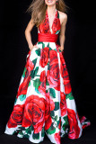Red Fashion Sexy Print Backless Halter Sleeveless Dress