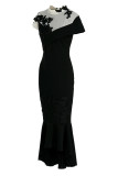 Black Fashion Sexy Patchwork See-through Hooded Collar Evening Dress Dresses