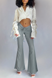 Blue Casual Solid Draw String Boot Cut Mid Waist Speaker Solid Color Bottoms