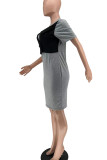 Grey Casual Solid Patchwork O Neck Straight Dresses