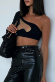 Black Sexy Solid Patchwork One Shoulder Tops
