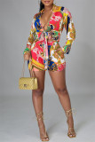 Multicolor Fashion Casual Print Bandage V Neck Long Sleeve Two Pieces