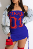 Blue Fashion Sexy Letter Print Frenulum Backless Strapless Sleeveless Dress