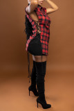 Red Sexy Plaid Print Bandage Hollowed Out Split Joint Turndown Collar Sleeveless Two Pieces