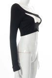 Black Sexy Solid Patchwork One Shoulder Tops