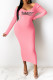 Pink Fashion Sexy Print Letter V Neck One Step Skirt Dresses