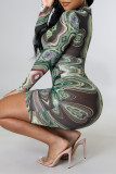 Multicolor Fashion Sexy Print Basic Zipper Collar Long Sleeve Dresses