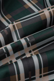 Green Fashion Casual Plaid Print Cardigan Turndown Collar Plus Size Overcoat