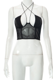 Black Fashion Solid Mesh Halter Tops