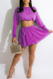 Blue Casual Solid Patchwork O Neck Long Sleeve Two Pieces