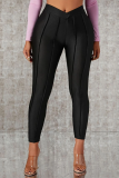 Black Casual Solid Patchwork Skinny Mid Waist Pencil Solid Color Bottoms