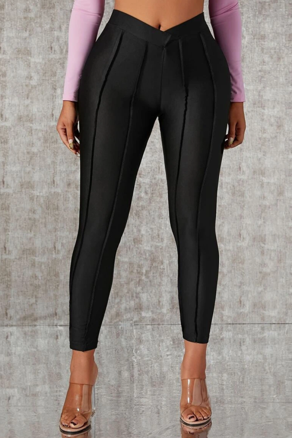 Black Casual Solid Patchwork Skinny Mid Waist Pencil Solid Color Bottoms