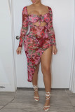 Red Fashion Sexy Print See-through Asymmetrical Long Sleeve Two Pieces