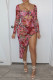 Red Fashion Sexy Print See-through Asymmetrical Long Sleeve Two Pieces