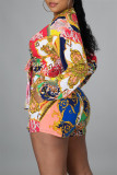 Multicolor Fashion Casual Print Bandage V Neck Long Sleeve Two Pieces